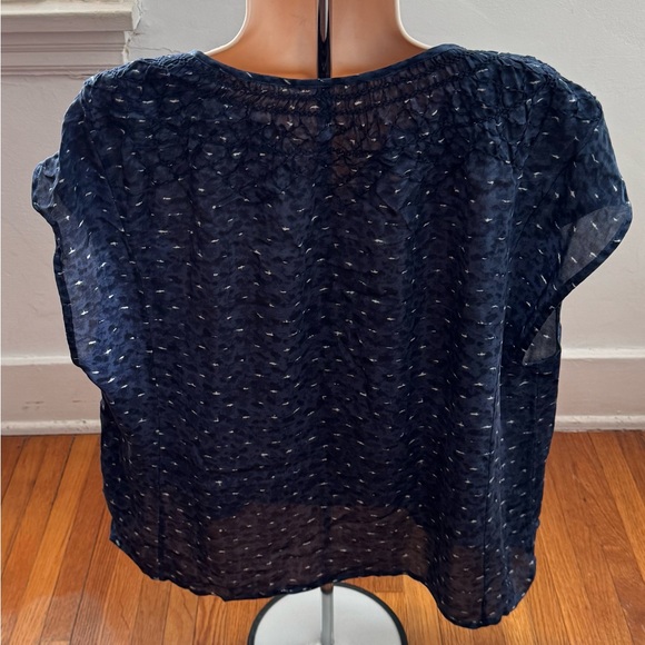 Navy blue abstract print Blouse with Tassel Detail, size L relaxed fit bohemian - Picture 2 of 12